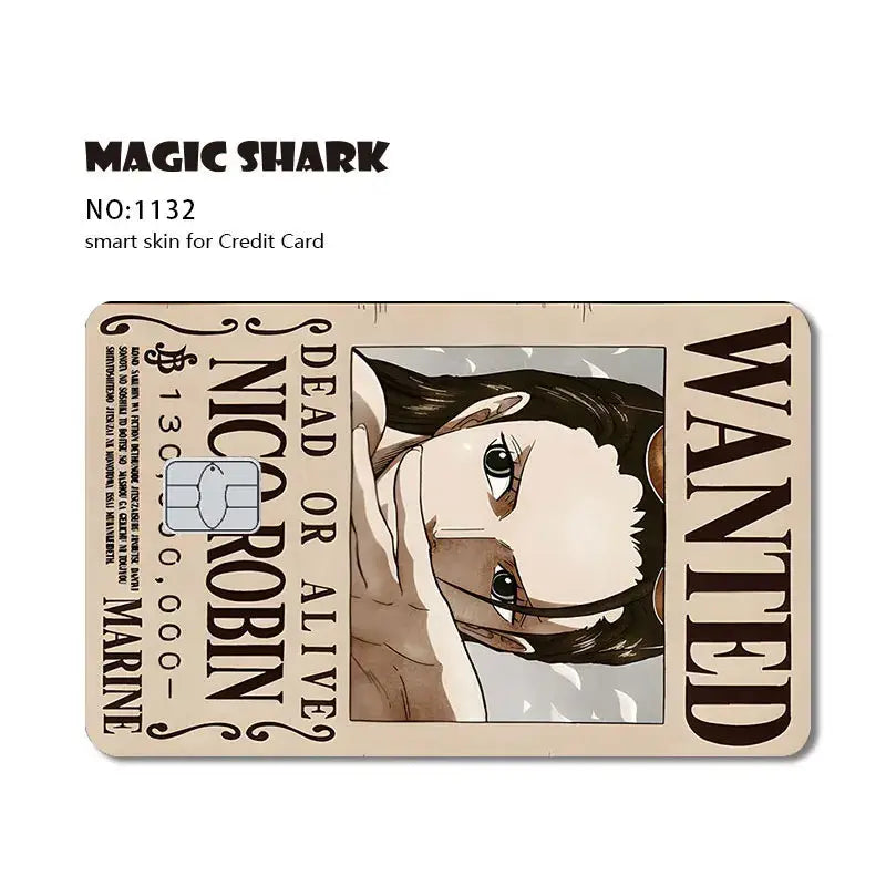Beige wanted poster-themed piece shark card skin with nico robin illustration made of 3m pvc matte no-fade material