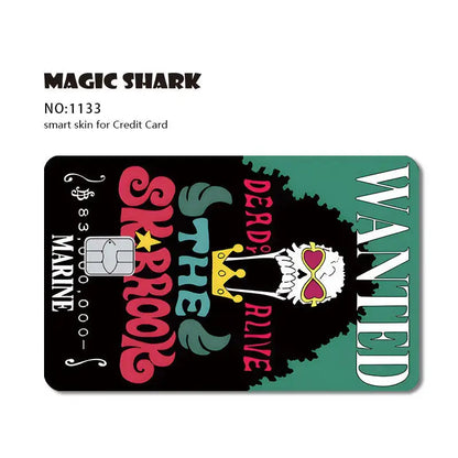 One piece shark card skin featuring a vibrant cartoon skull with sunglasses and afro on black and green 3m pvc matte card skin