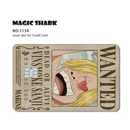 One piece shark card skin made of beige 3m pvc matte no-fade material featuring a vintage sanji wanted poster design
