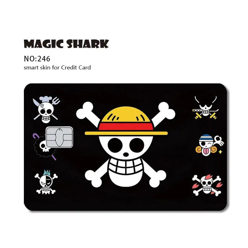 Black magic piece shark card skin featuring white skull with yellow red straw hat and cartoon skulls on 3m pvc matte surface
