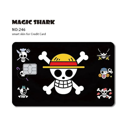Black magic piece shark card skin featuring white skull with yellow red straw hat and cartoon skulls on 3m pvc matte surface