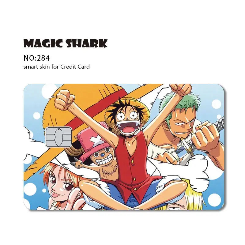 A vibrant blue one piece shark card skin with 3M PVC matte no fade featuring dynamic crew poses and white bubbles