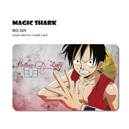 One piece shark card skin featuring luffy in red sleeveless shirt on gray textured 3m pvc matte card skin