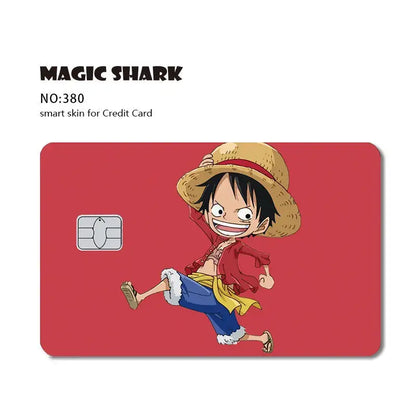 Red magic piece shark card skin with matte 3m pvc featuring luffy in straw hat and red jacket cartoon illustration