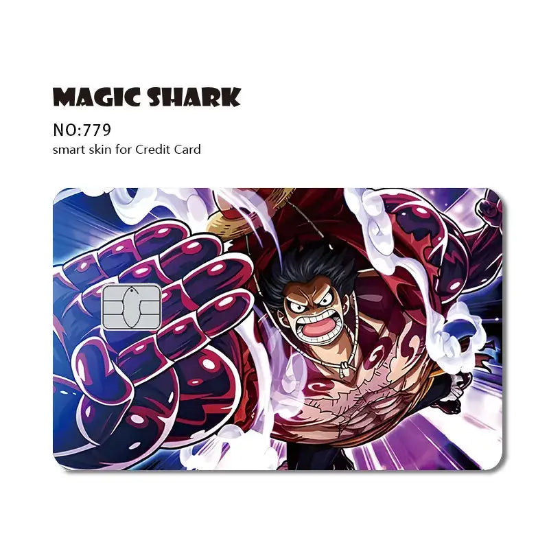 One piece shark card skin featuring a vibrant anime design with purple blue energy effects made of 3m pvc matte material