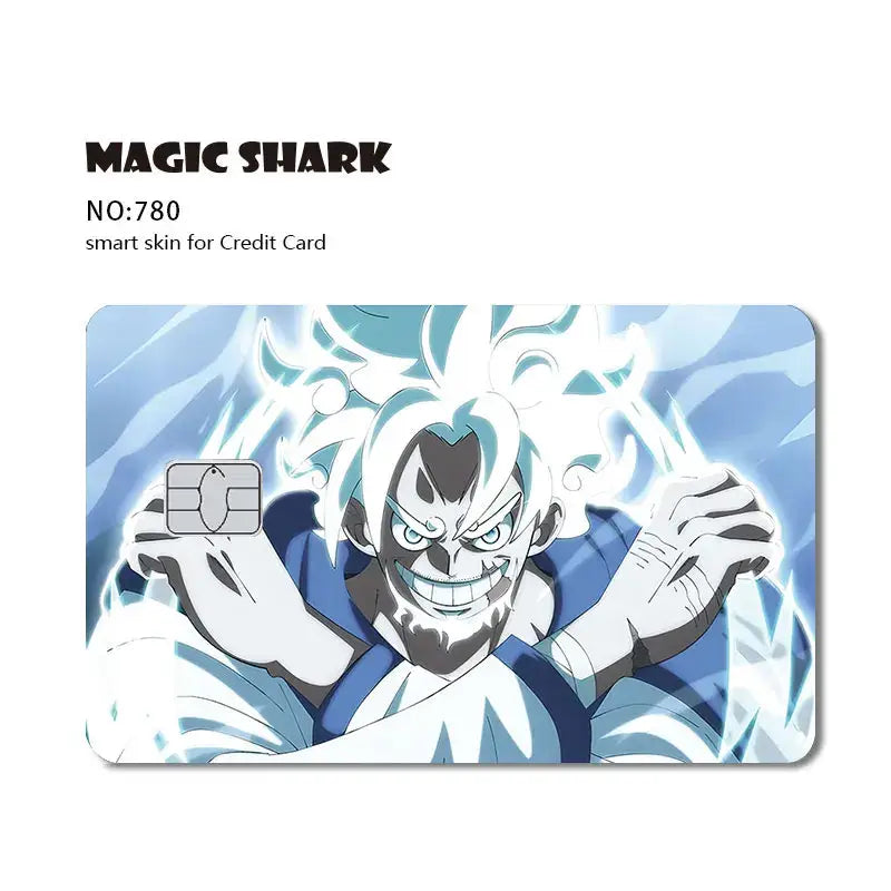 Blue and white anime-themed one piece shark card skin with spiky hair character and glowing eyes on 3m pvc matte card skin