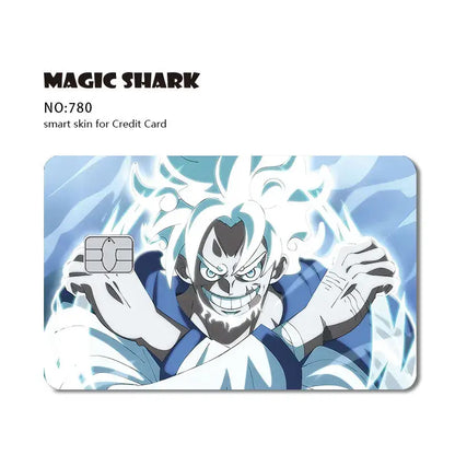 Blue and white anime-themed one piece shark card skin with spiky hair character and glowing eyes on 3m pvc matte card skin