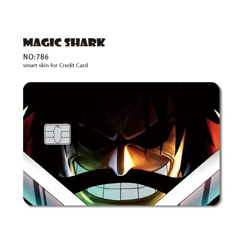 Black and white one piece shark card skin with dramatic anime design glowing orange eyes green face paint 3m pvc matte