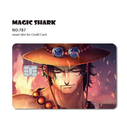 Vibrant rectangular one piece shark card skin with anime character, wide-brimmed hat, and fiery background in matte pvc