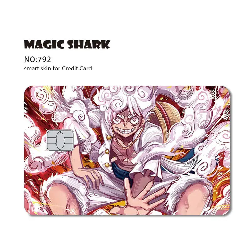 Vibrant one piece shark card skin featuring an anime character with white hair on 3m pvc matte no-fade card skin
