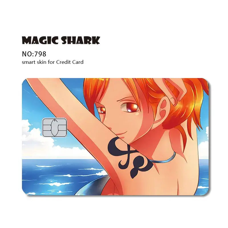 A vibrant one piece shark card skin with fiery orange hair and black tattoo made of 3M PVC matte no-fade material