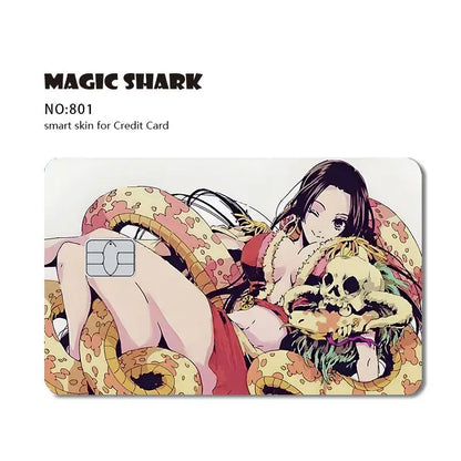 Vibrant anime-style piece shark card skin with dark-haired woman in red, snakes, and skull, 3m pvc matte no-fade