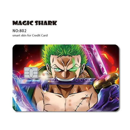 Vibrant one piece shark card skin with roronoa zoro design featuring green hair sword on 3m pvc matte no-fade card skin