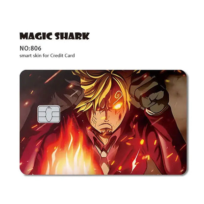 One piece shark card skin vibrant red and gold matte 3m pvc card skin with fiery anime character and flames design