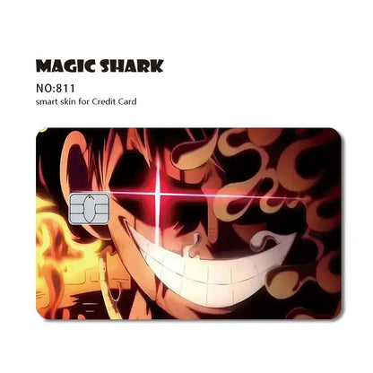 One piece shark card skin in 3m pvc matte features an anime character with fiery orange flames on a dark background