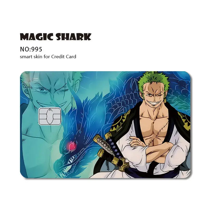 A vibrant blue and teal one piece shark card skin with anime character on 3M PVC matte no-fade smart skin design