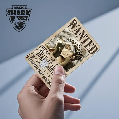 Beige matte 3m pvc piece shark card skin featuring a vintage wanted poster anime design and ornate black lettering