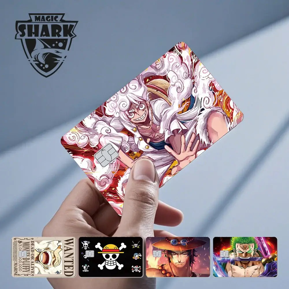 One piece shark card skin featuring luffy in white coat with red accents on 3m pvc matte no-fade card skin