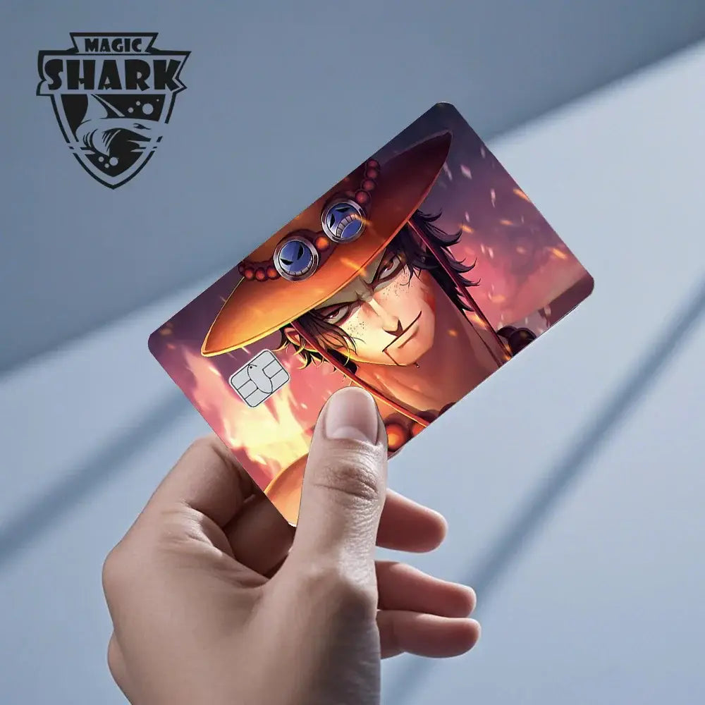 Vibrant glossy one piece shark card skin with anime character in wide-brimmed hat on fiery orange 3m pvc matte card skin