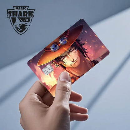 Vibrant glossy one piece shark card skin with anime character in wide-brimmed hat on fiery orange 3m pvc matte card skin