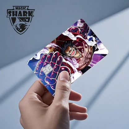 A vibrant one piece shark card skin with a dynamic anime design in purple and blue 3m pvc matte no-fade material
