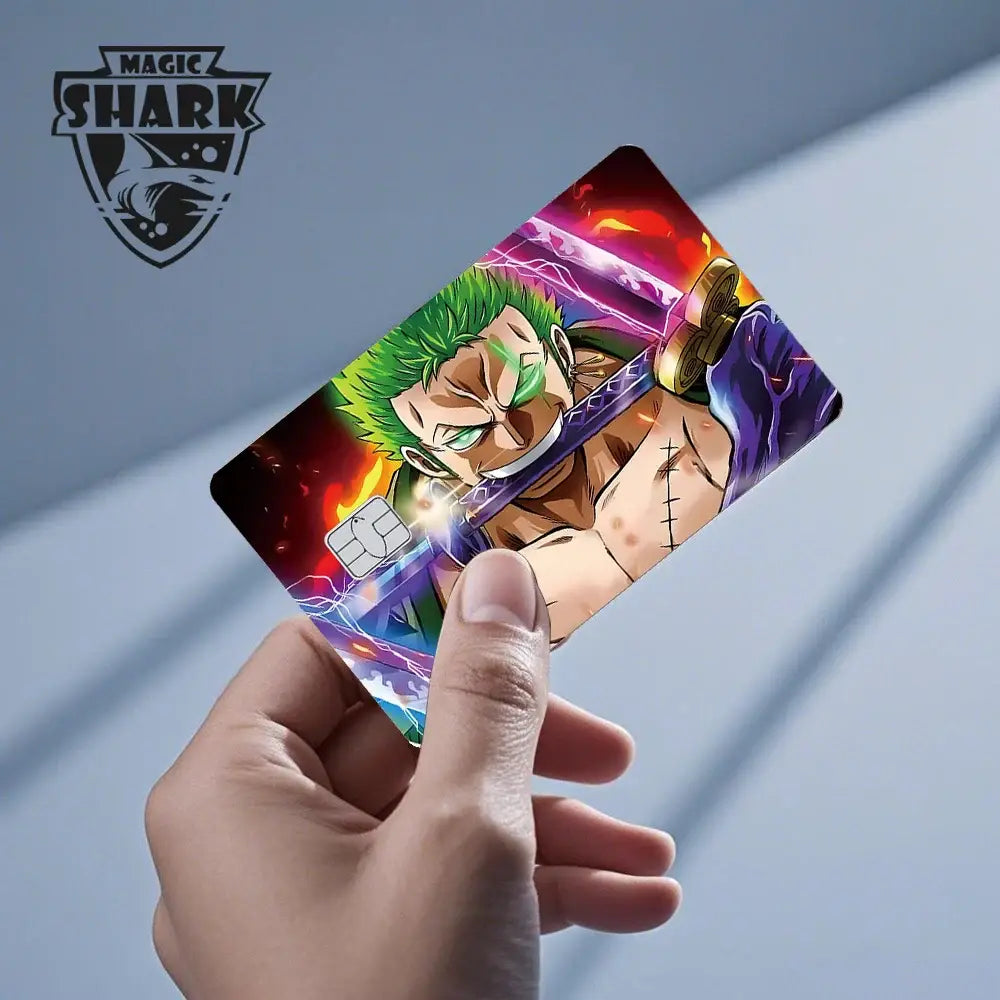 Vibrant one piece shark card skin with roronoa zoro illustration green hair glowing eyes 3m pvc matte no-fade card skin