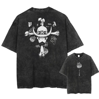 Black distressed cotton one piece skull t-shirt with washed vintage look featuring white skull and crossbones graphic