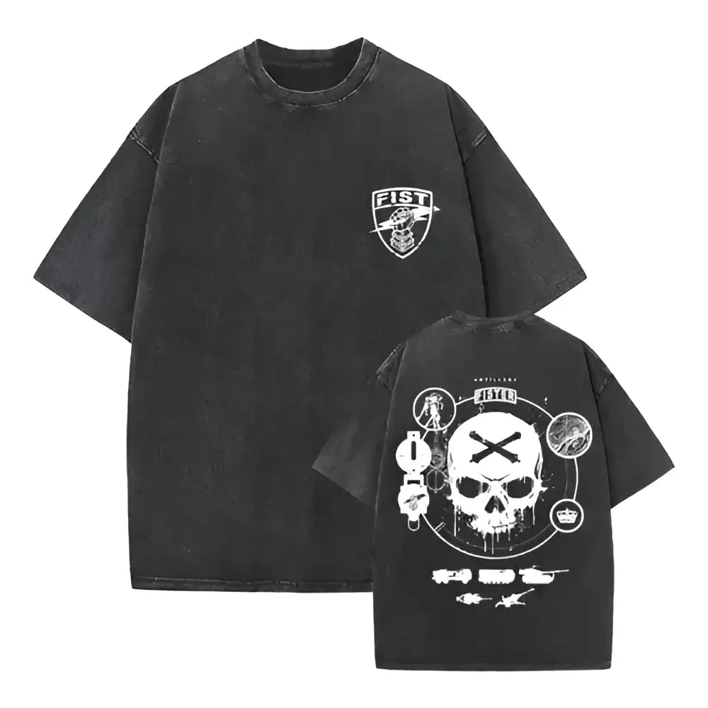 Black oversized one piece skull t-shirt with distressed texture and white skull graphic in a washed vintage style