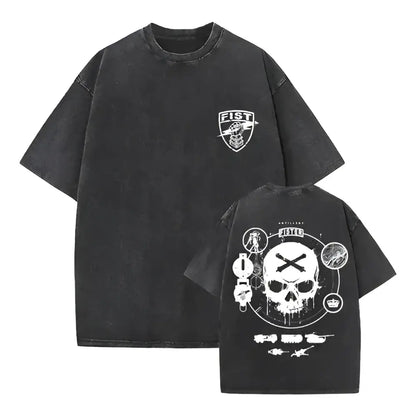 Black oversized one piece skull t-shirt with distressed texture and white skull graphic in a washed vintage style