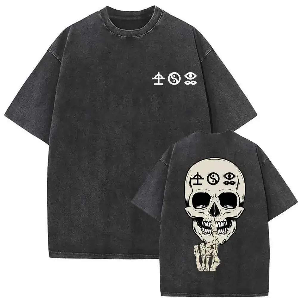 Back of a black oversized washed vintage one piece skull t-shirt with white skull graphic and skeletal hand design