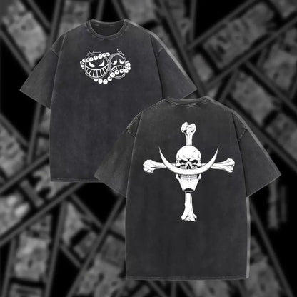 Black oversized one piece skull t-shirt with washed vintage look featuring skull and crossbones on back and smiling face front