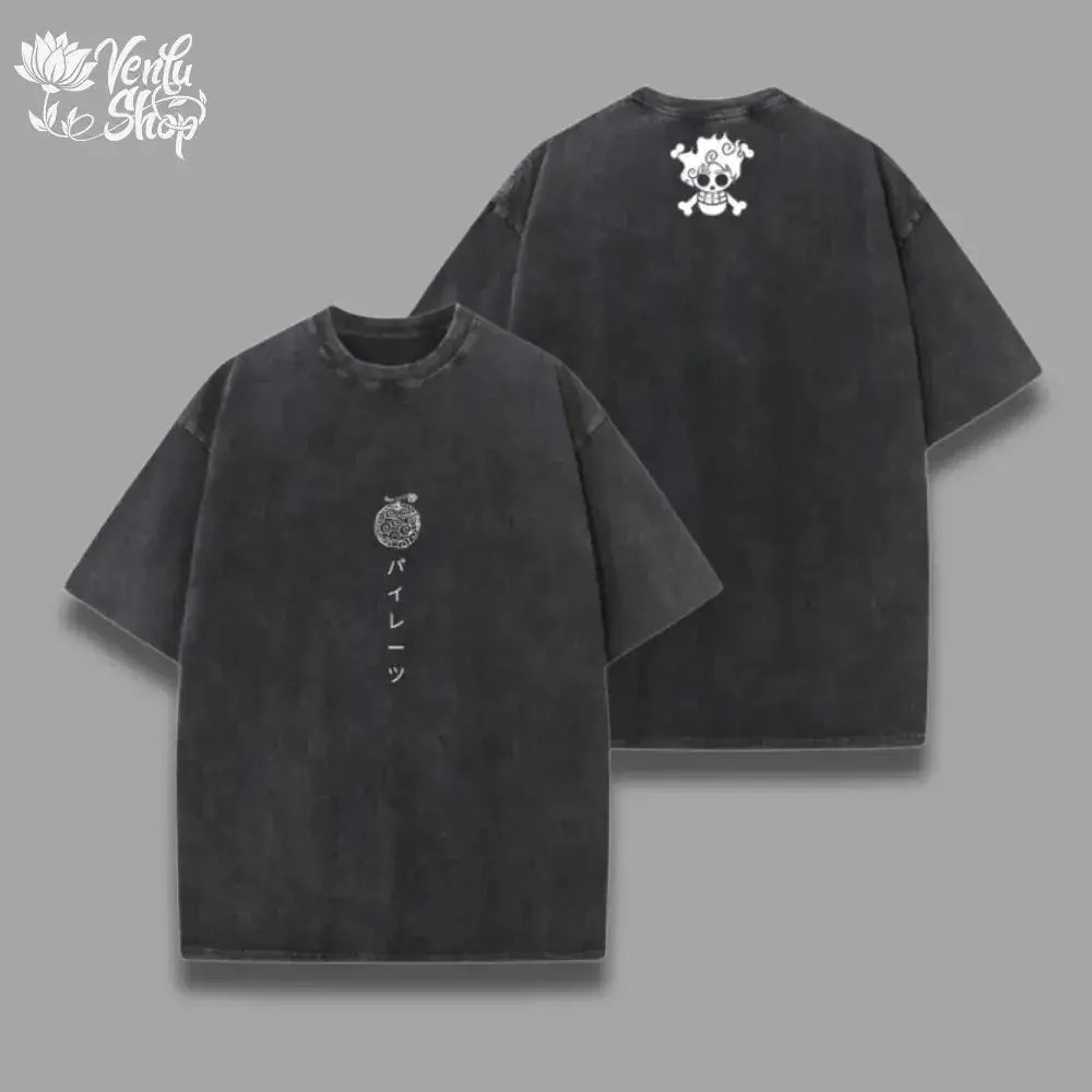Black oversized one piece skull t-shirt with white graphic prints front and back in washed vintage style