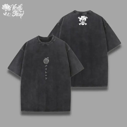Black oversized one piece skull t-shirt with white graphic prints front and back in washed vintage style