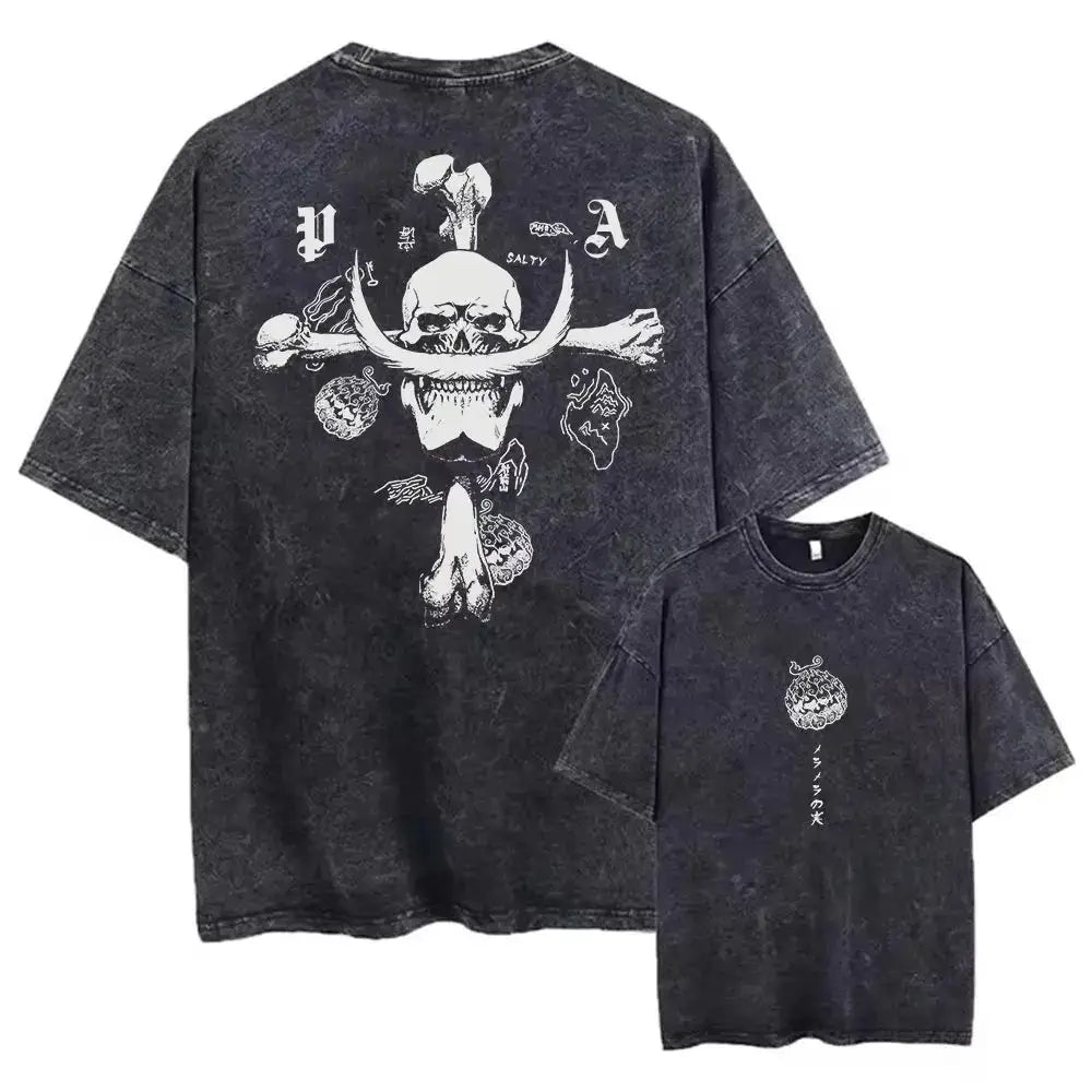 Black distressed cotton one piece skull t-shirt back side with white horns skull crossbones design washed vintage tee pair