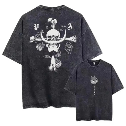 Black distressed cotton one piece skull t-shirt back side with white horns skull crossbones design washed vintage tee pair