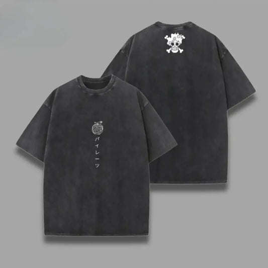Black distressed cotton one piece skull t-shirt with white skull emblem on back and japanese text apple graphic front washed vintage