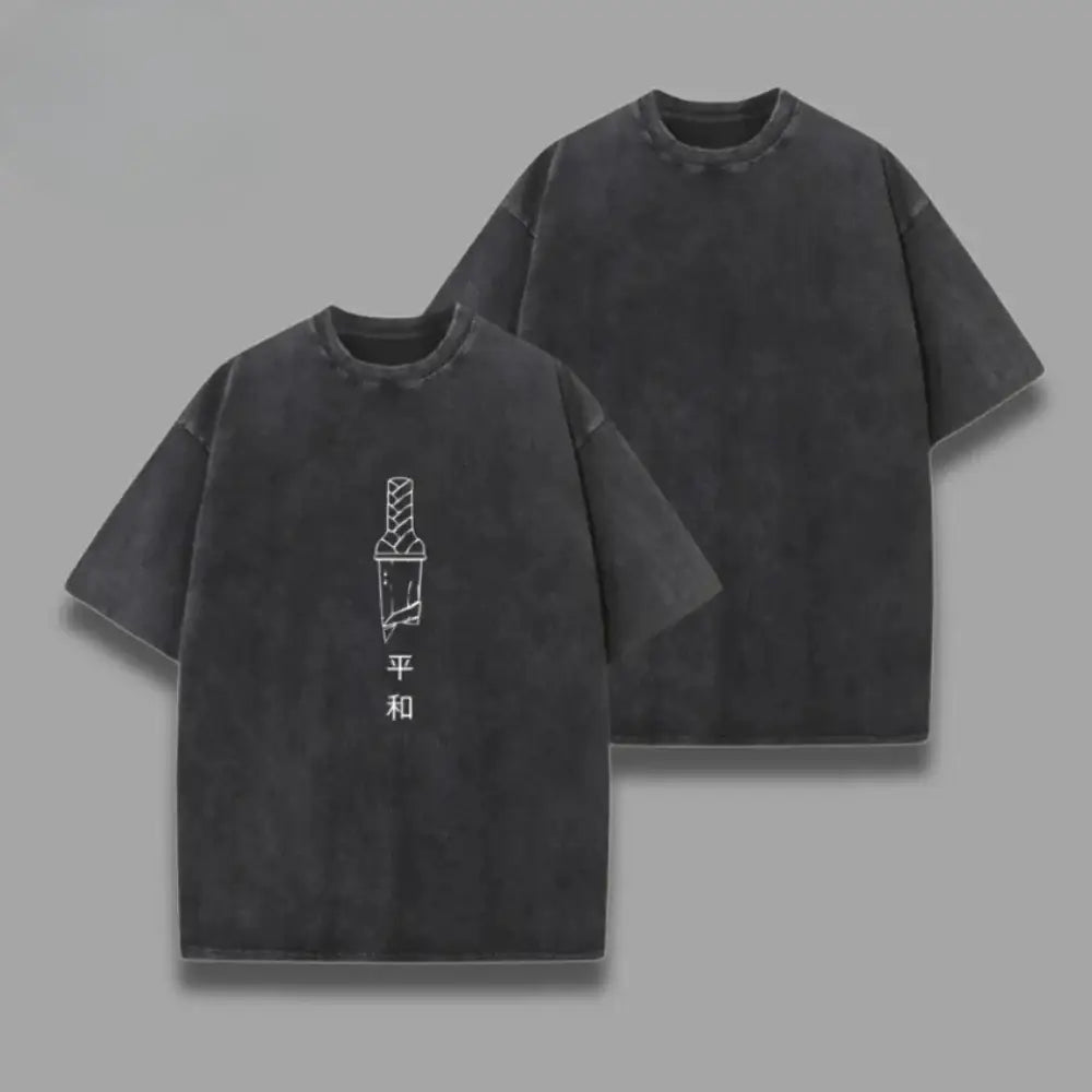 Dark gray washed vintage cotton one piece skull t-shirt with white ice cream cone line art and chinese characters below