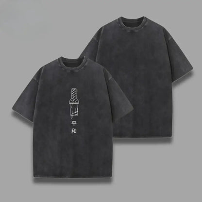 Dark gray washed vintage cotton one piece skull t-shirt with white ice cream cone line art and chinese characters below
