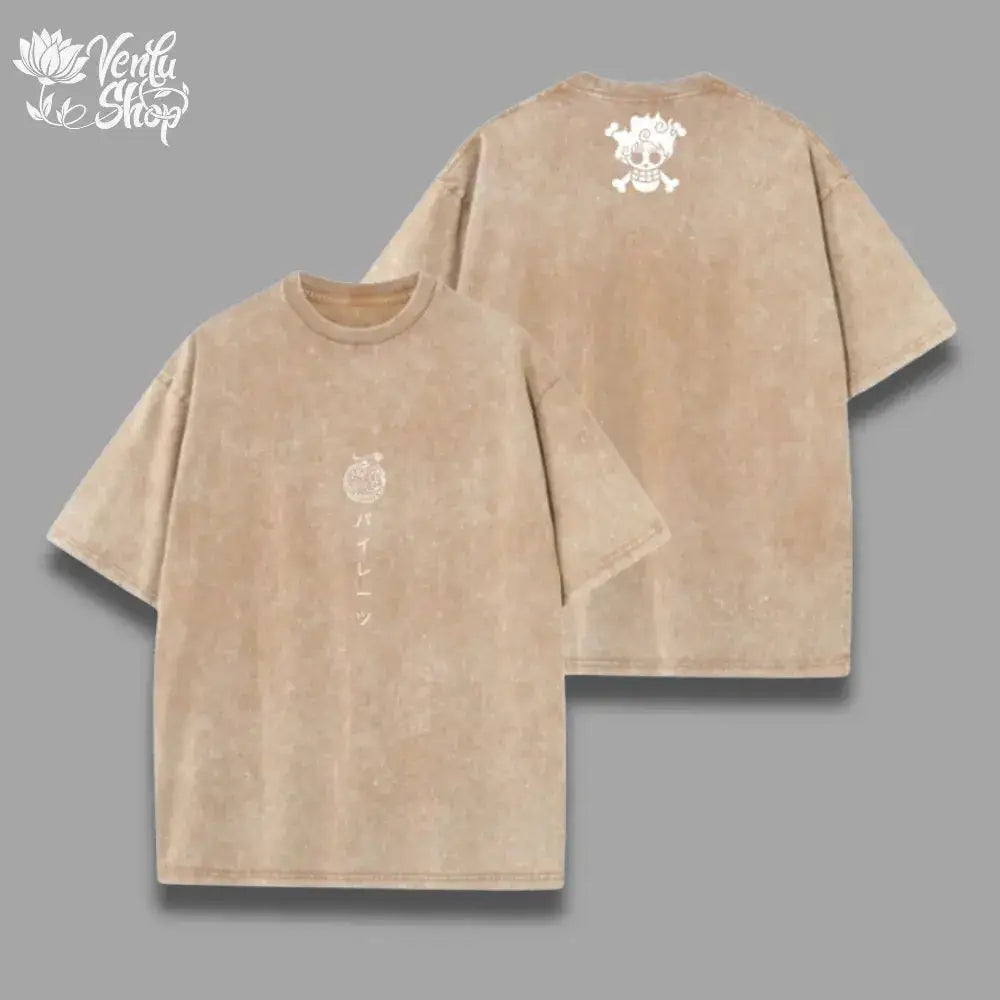 Beige distressed cotton one piece skull t-shirt with white skull and crossbones on back and japanese text front washed vintage tee