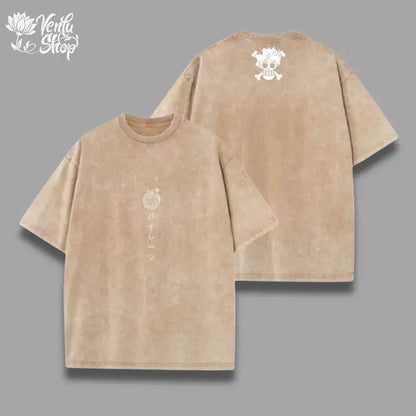 Beige distressed cotton one piece skull t-shirt with white skull and crossbones on back and japanese text front washed vintage tee