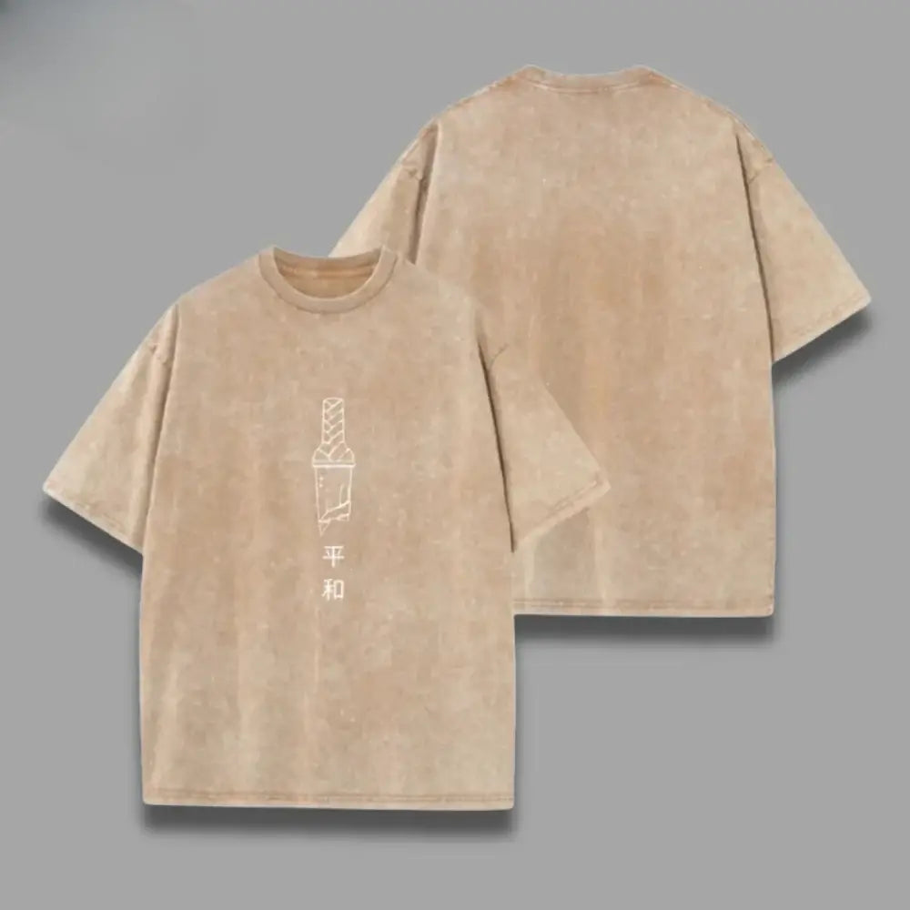 Beige oversized one piece skull t-shirt with faded texture and minimalist ice cream cup print in a washed vintage style