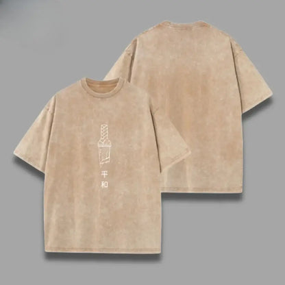 Beige oversized one piece skull t-shirt with faded texture and minimalist ice cream cup print in a washed vintage style