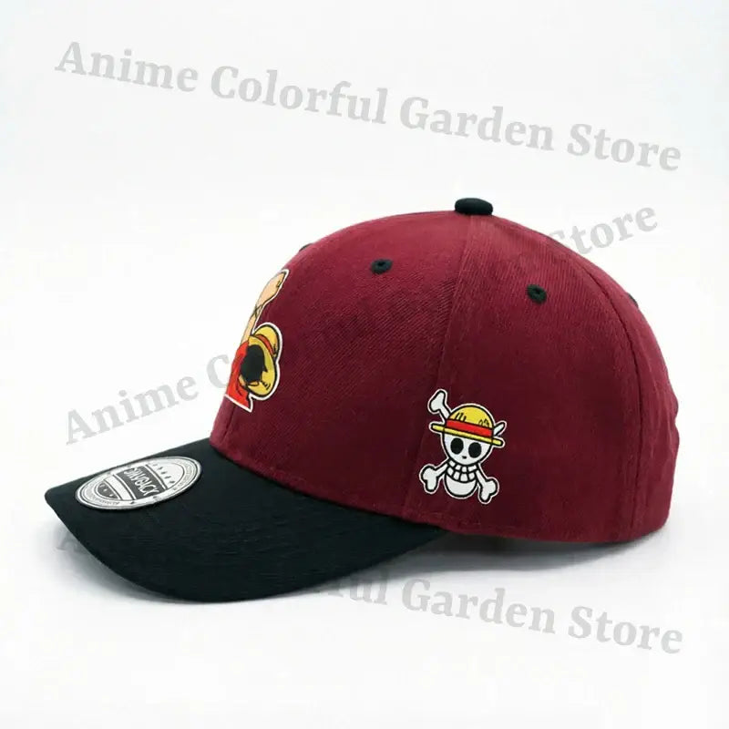Maroon and black embroidered cotton baseball cap featuring a skull with straw hat and one piece anime patch