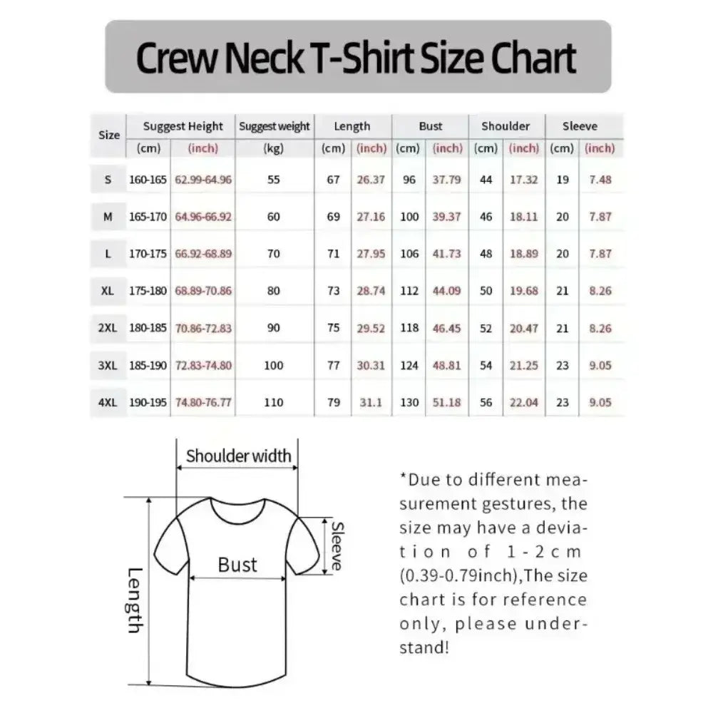 Crew neck t-shirt size chart in cm and inches for sizes s to 4xl featuring one piece straw hat pirates design
