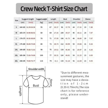Crew neck t-shirt size chart in cm and inches for sizes s to 4xl featuring one piece straw hat pirates design