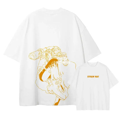 White oversized t-shirt with bold gold line-art of a dynamic straw hat pirates character on back and straw hat print front
