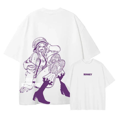 White oversized cotton t-shirt with purple bonney line-art and matching bonney text from straw hat pirates