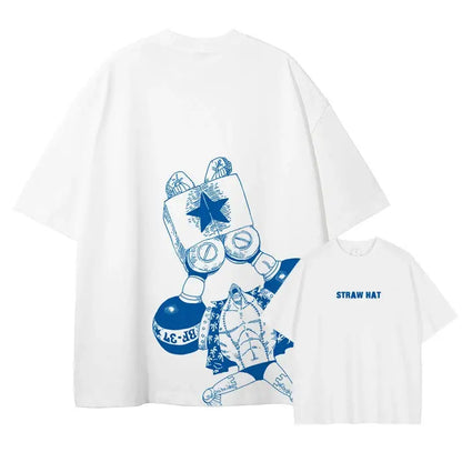 White oversized t-shirt with blue line-art graphic of luffy gear second and star emblem from straw hat pirates
