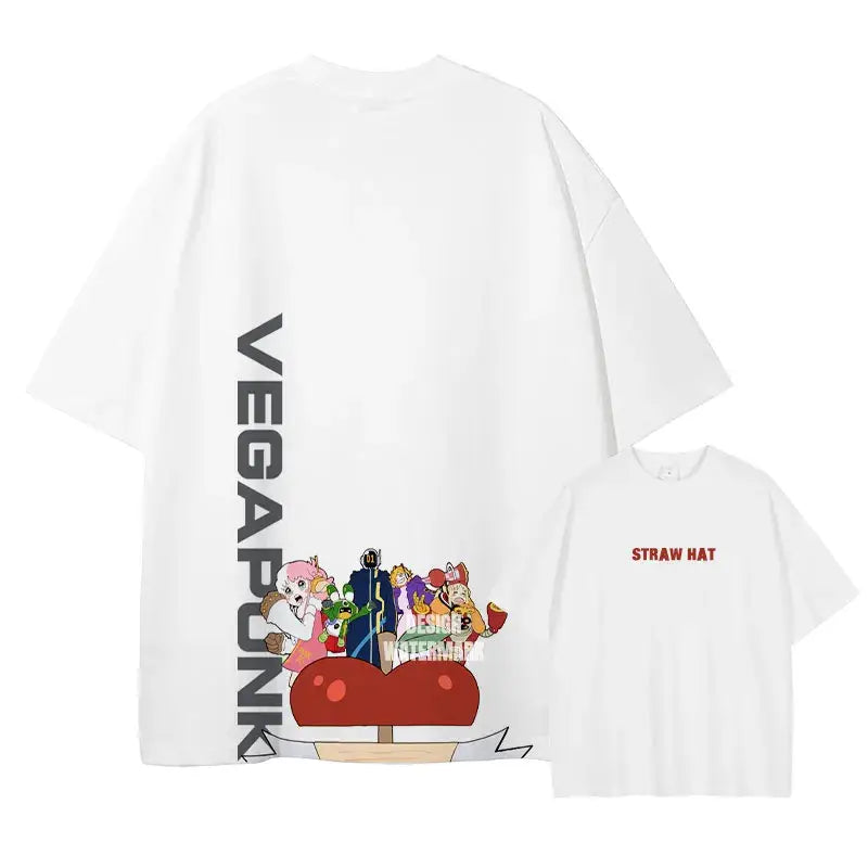 White oversized t-shirt with vertical vega punk text and animated characters on back featuring straw hat pirates design