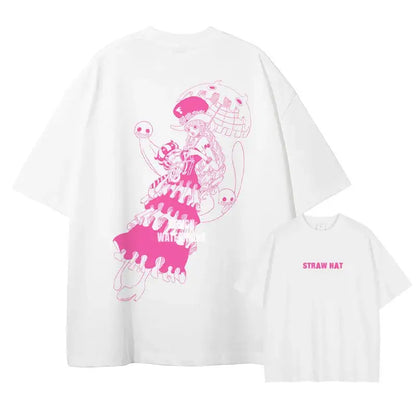 White t-shirt featuring vibrant pink anime graphic of straw hat pirates character with straw hat text on smaller shirt